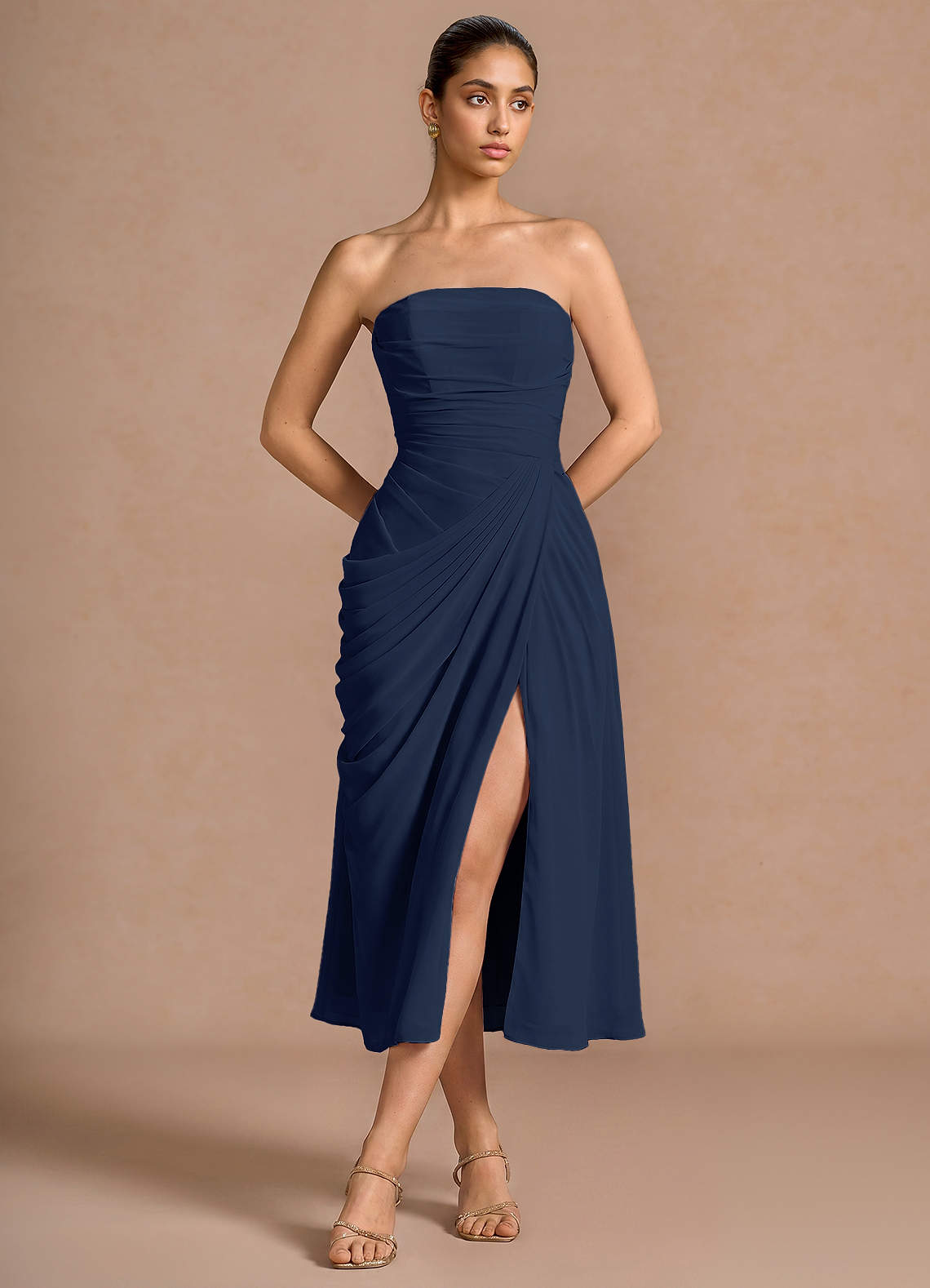 Kaavia Column Pleated Chiffon Midi Evening Dress in Dusty Blue