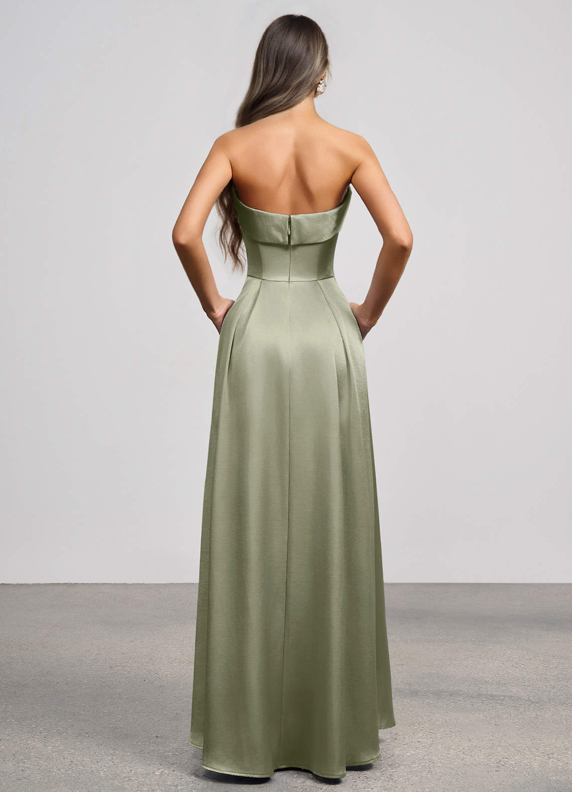 Isolde Strapless Folded-Neck Corset Luminous Satin Evening Dress in Dusty Sage