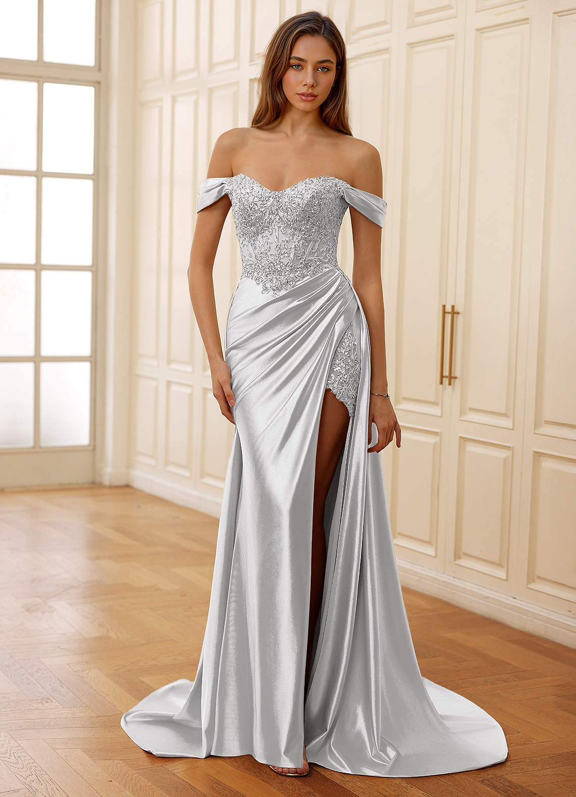 Rowane A-Line Off-the-Shoulder Satin Evening Dress in Silver
