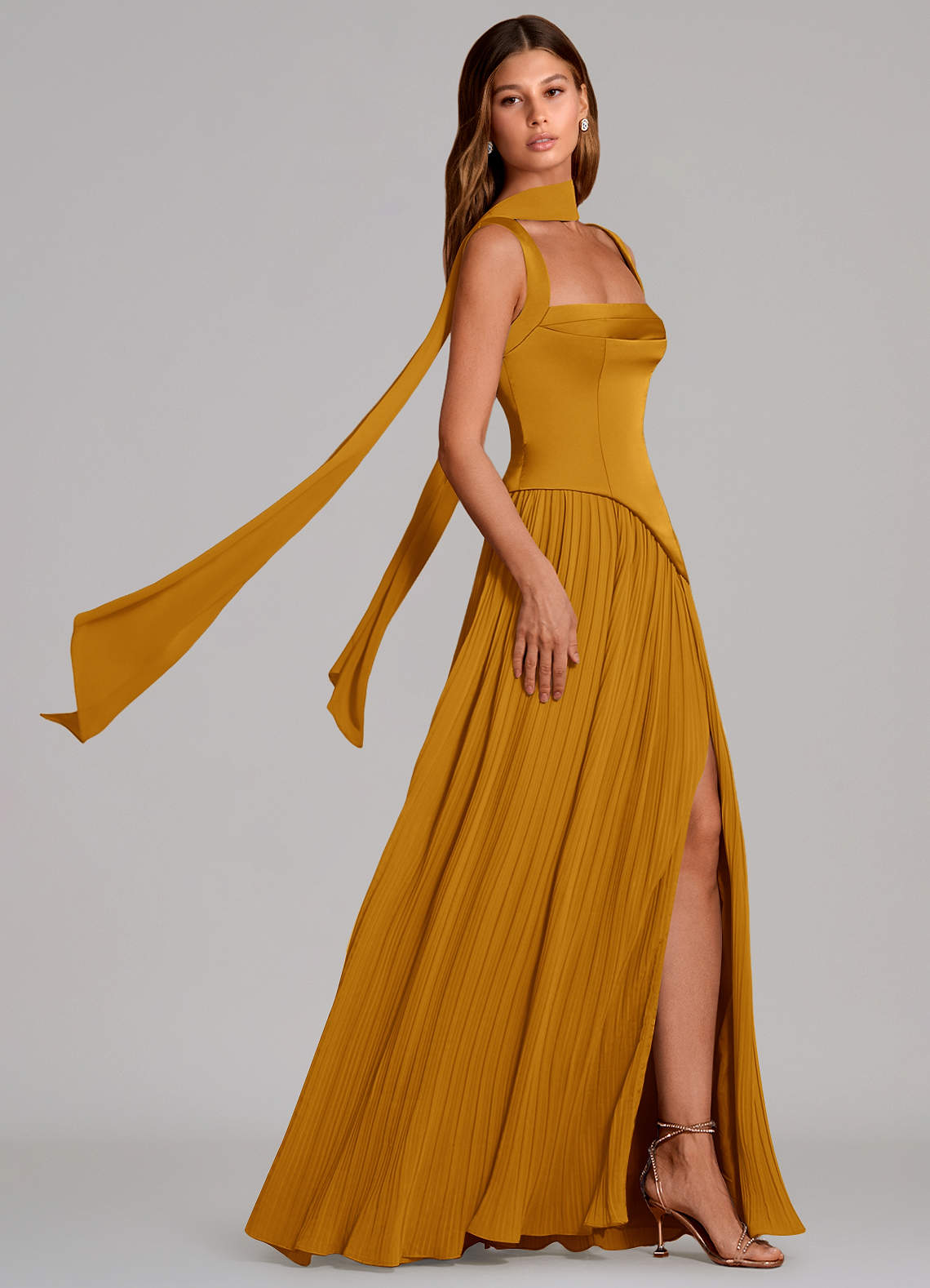 Stephanie A-Line Square-Neck Stretch Satin and Chiffon Bridesmaid Dress in butterscotch