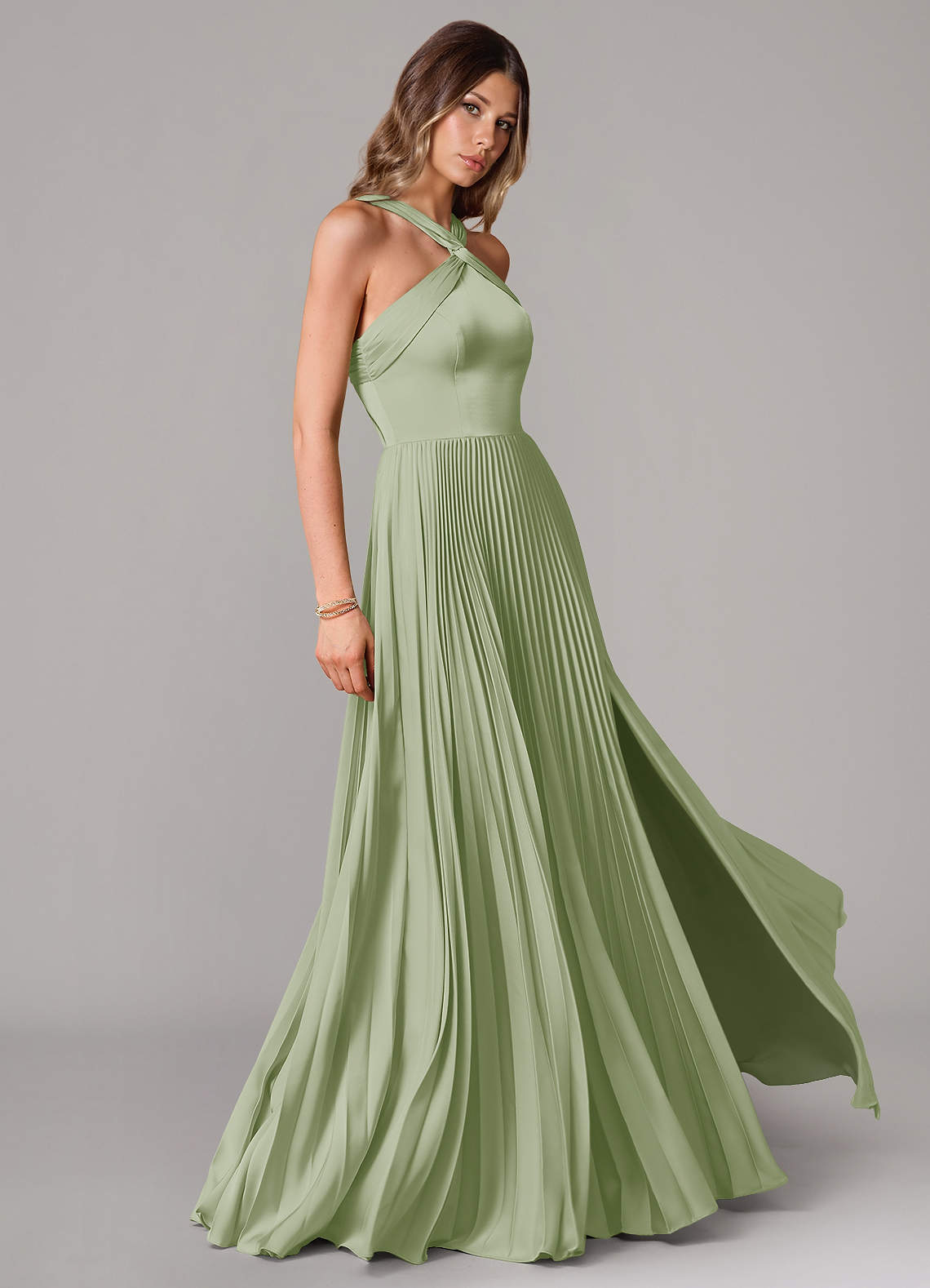 Afra A-Line Halter-Neck Stretch Satin Bridesmaid Dress in Dusty Sage
