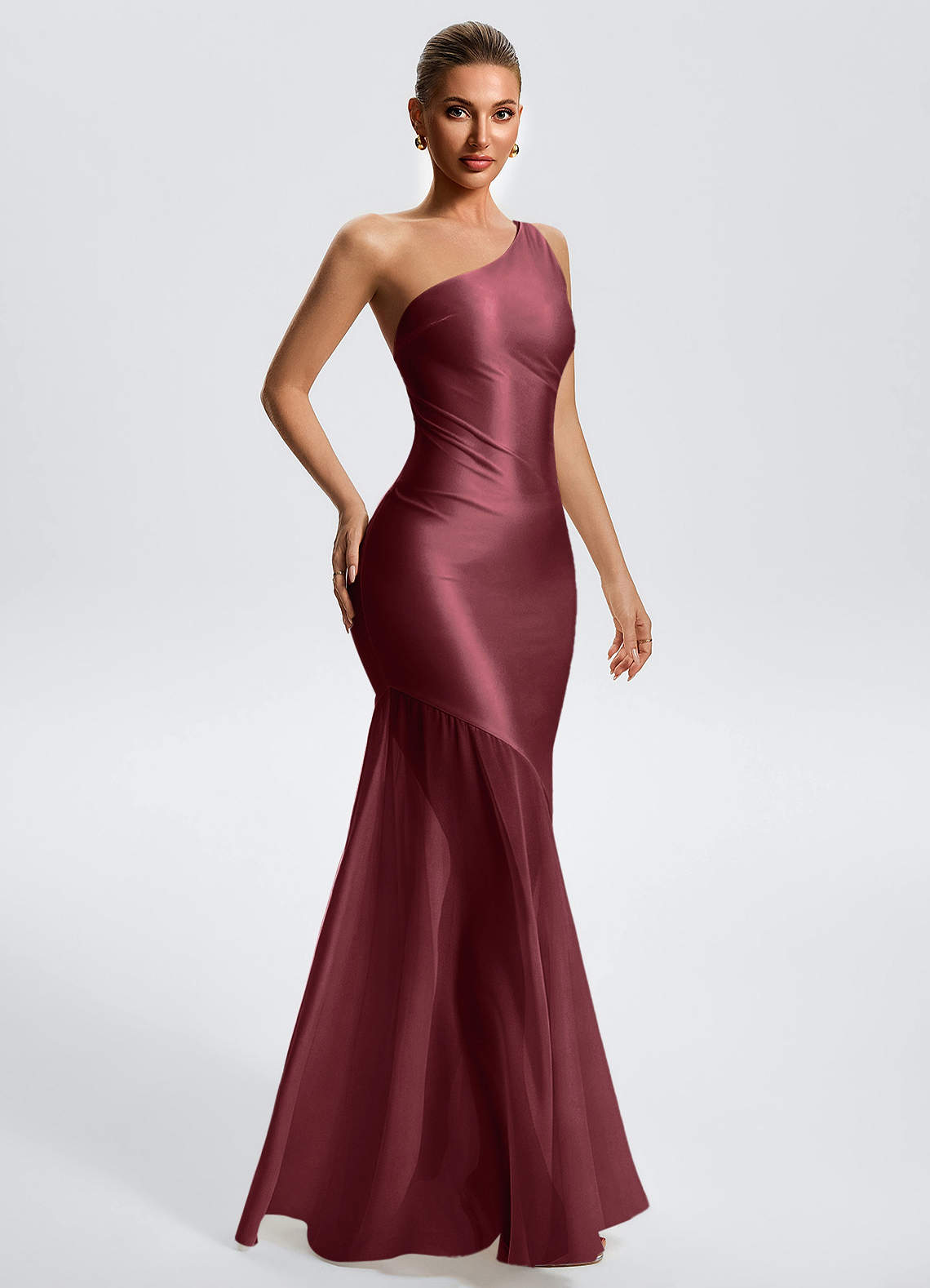 Idalia White Mermaid One-Shoulder Chiffon-Overlay Evening Dress in Cabernet