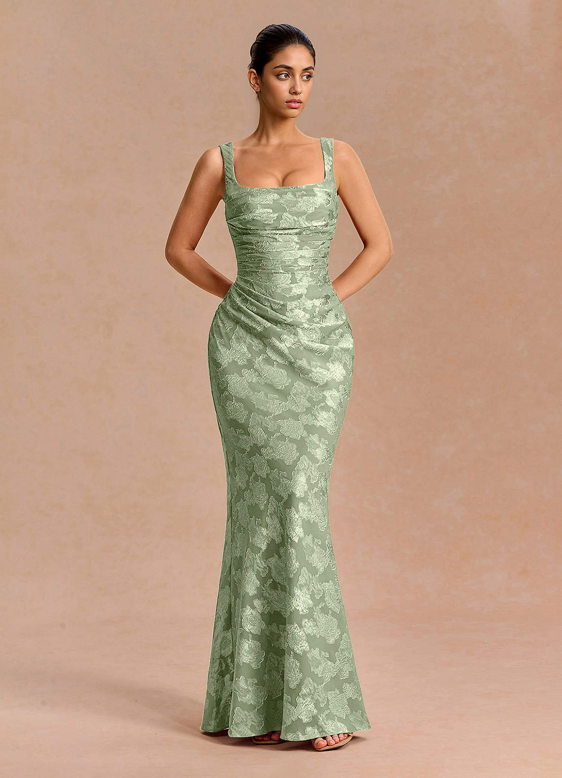 Agustina Square-Neck Pleated Fil Coupé Evening Dress in Lemon Sorbet
