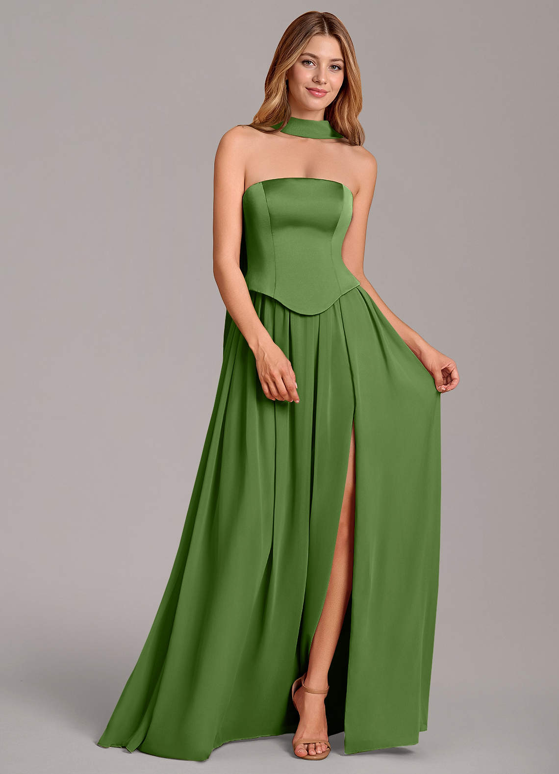 Cadence A-Line Strapless Chiffon and Stretch Satin Bridesmaid Dress in Basil