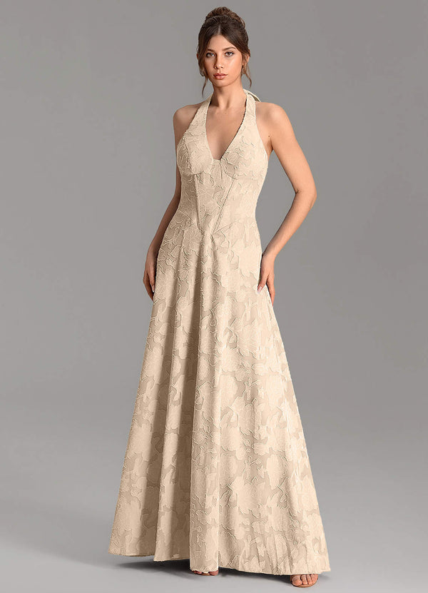 Nia A-Line V-Neck Floral Burnout Bridesmaid Dress in Champagne
