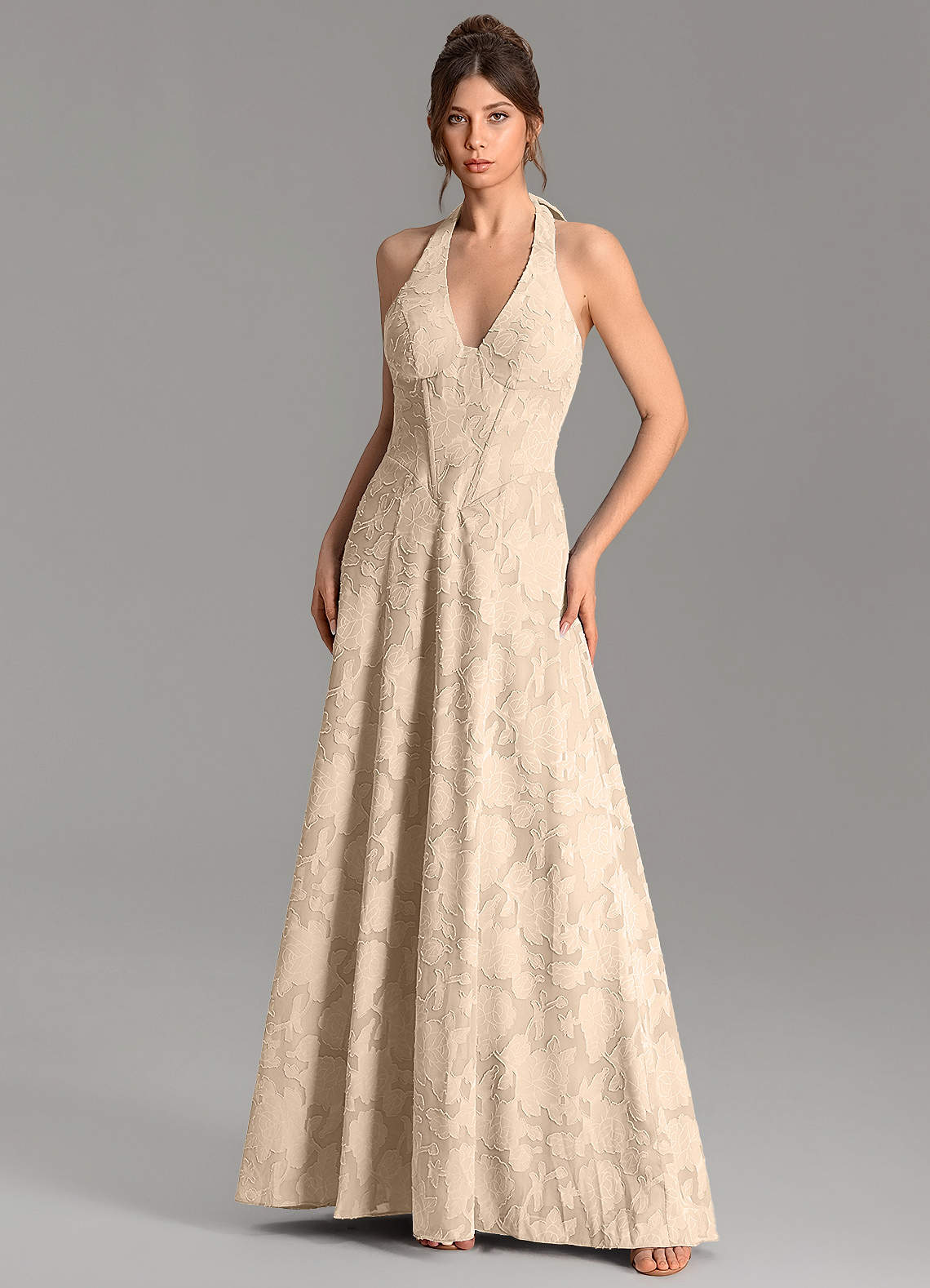 Nia A-Line V-Neck Floral Burnout Bridesmaid Dress in Champagne