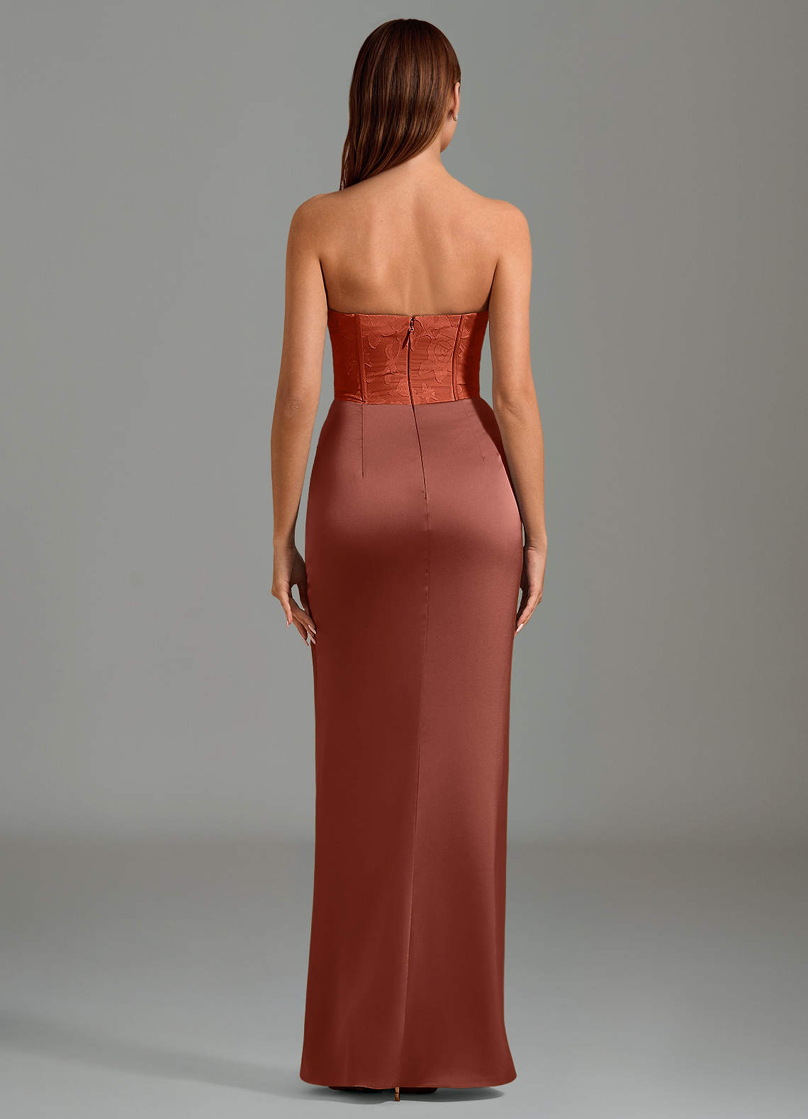 Emilia Mermaid Strapless Stretch Satin and Floral Burnout Bridesmaid Dress in Auburn