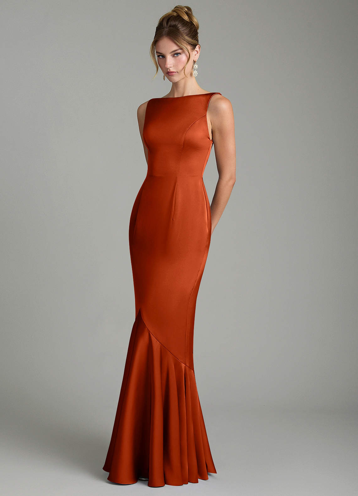 Tamera Mermaid Boat-Neck Stretch Satin and Chiffon Bridesmaid Dress in Paprika