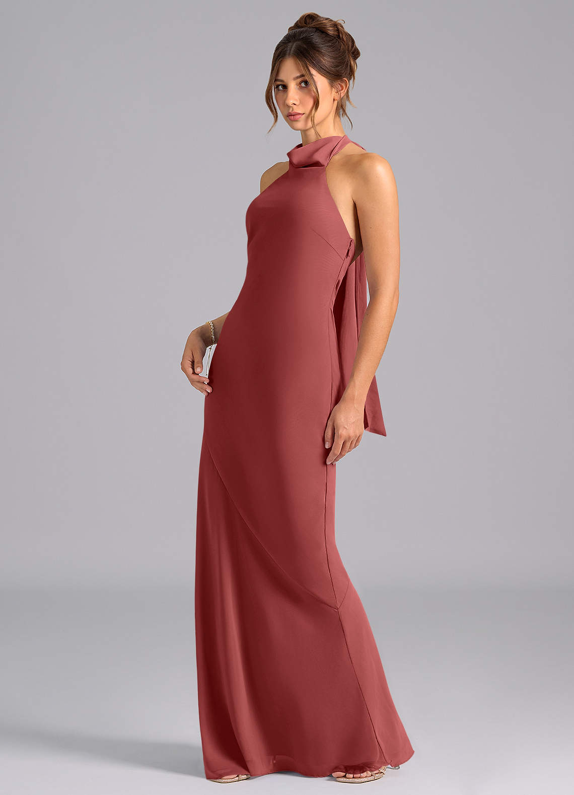 Velli Mermaid Halter Chiffon Bridesmaid Dress in Terracotta