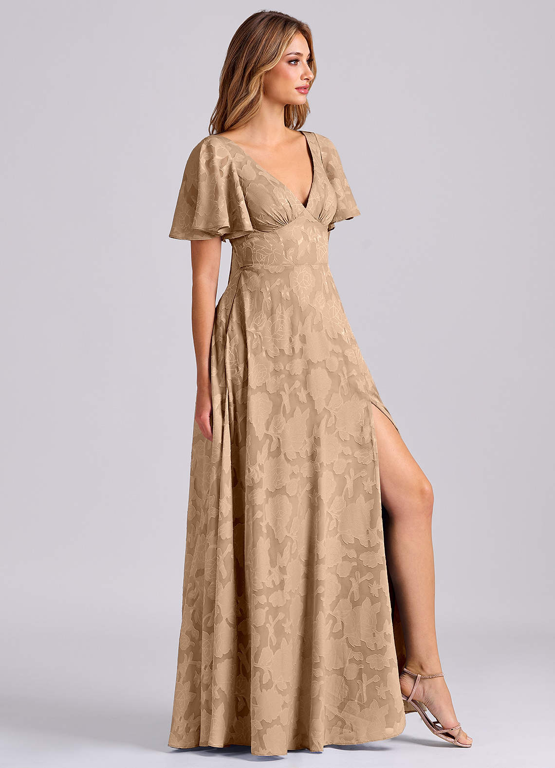 Kimber A-Line V-Neck Floral Burnout Bridesmaid Dress in Champagne