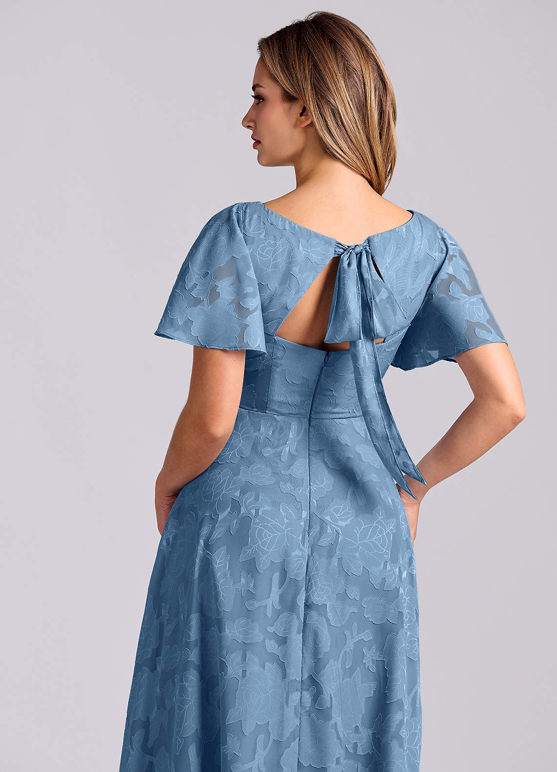 Kimber A-Line V-Neck Floral Burnout Bridesmaid Dress in Steel Blue