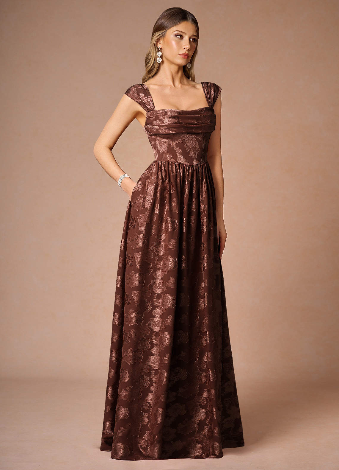 Hazel A-Line Cowl-Neck Fil Coupé Wedding Guest Dress in Mocha Coco