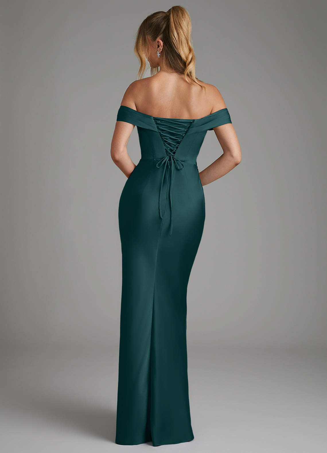 Hayden Mermaid Off-the-Shoulder Stretch Satin Bridesmaid Dress in Pine