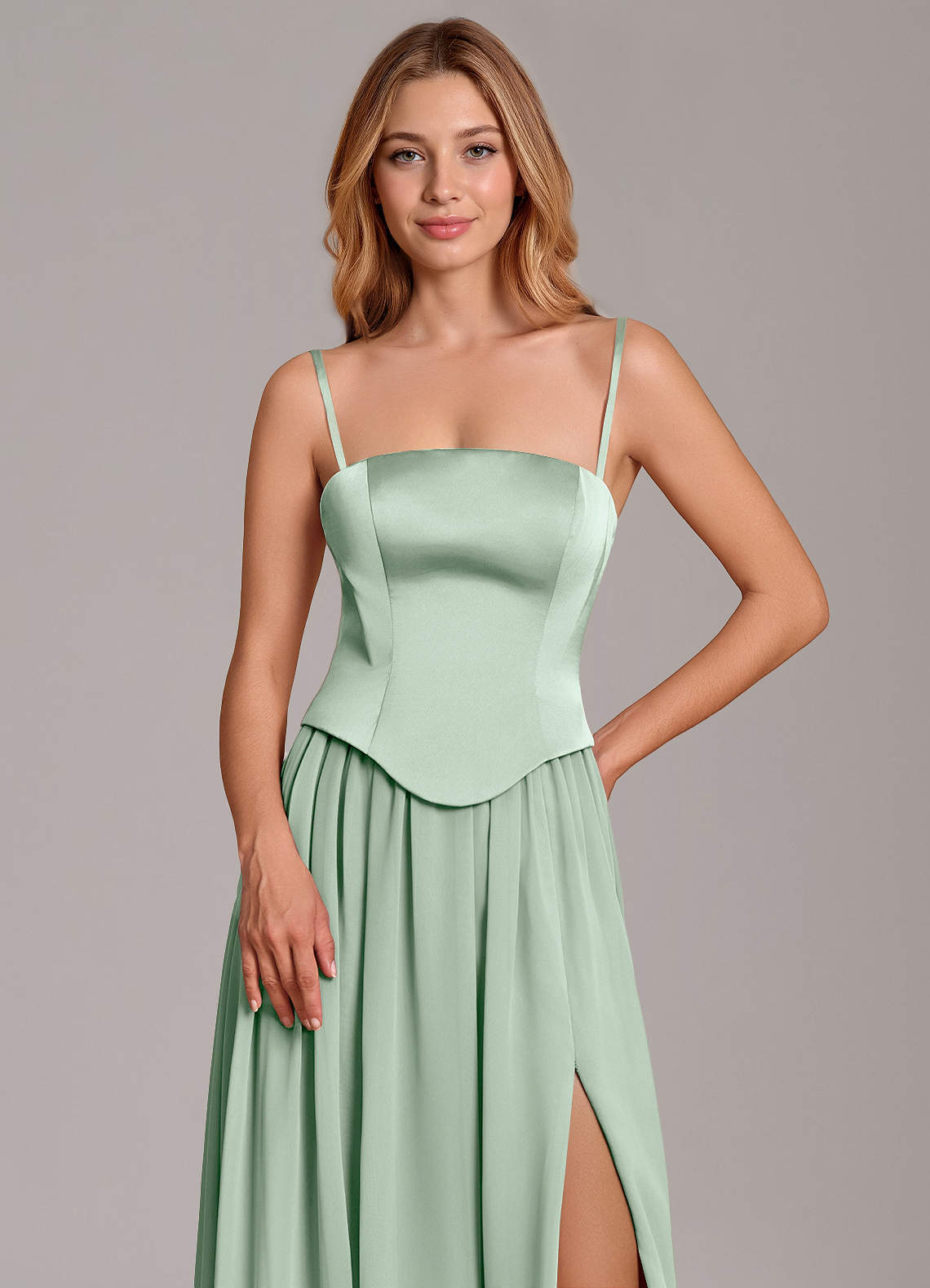 Cadence A-Line Strapless Chiffon and Stretch Satin Bridesmaid Dress in Agave
