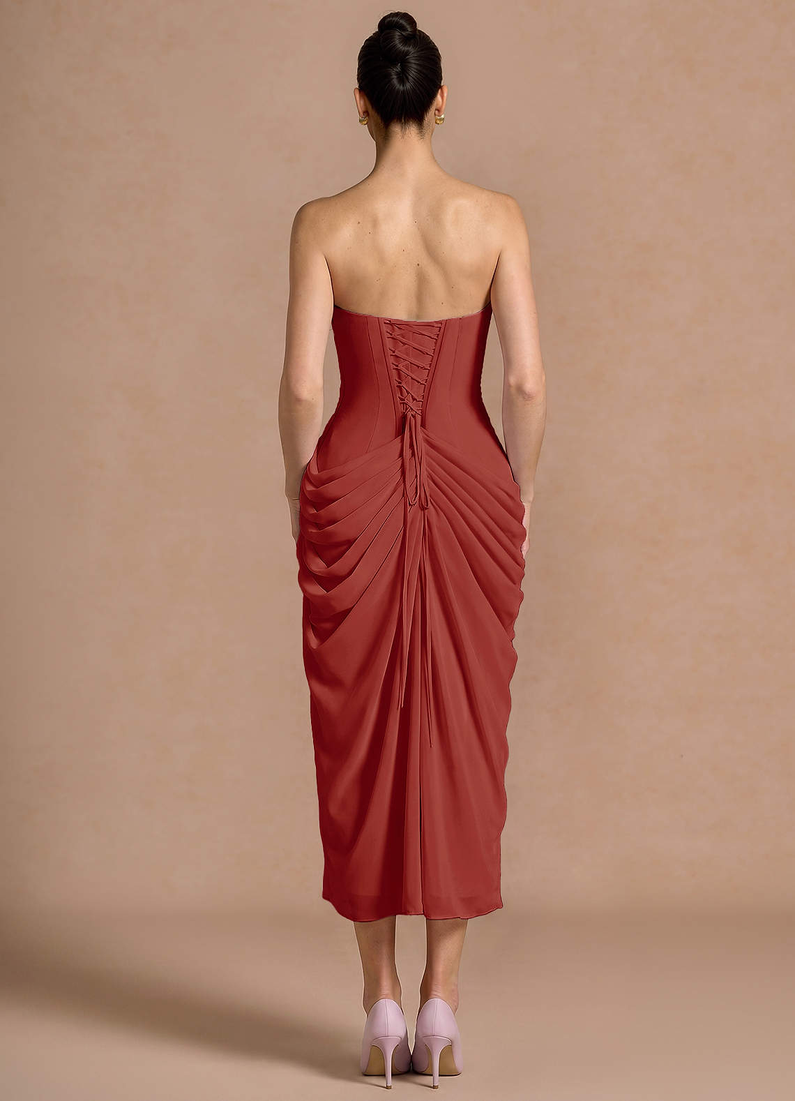 Kaavia Column Pleated Chiffon Midi Evening Dress in Burnt Umber