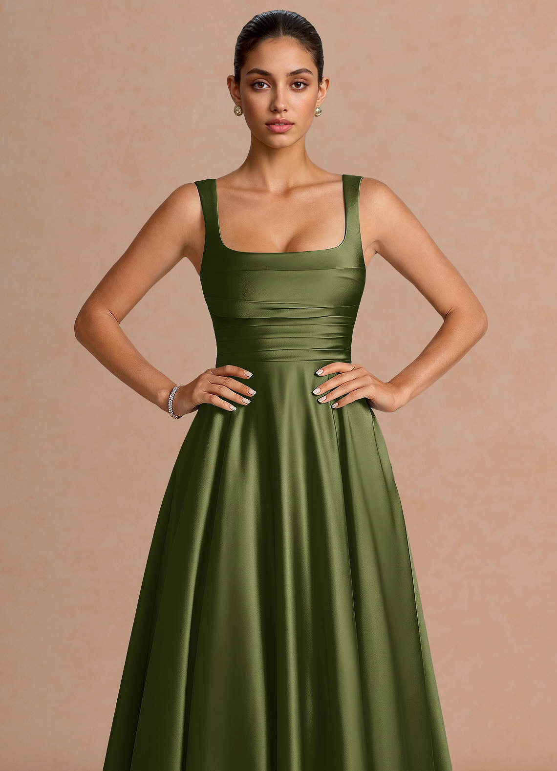 Azaria A-Line Square-Neck Stretch Satin Wedding Guest Dress in Olive