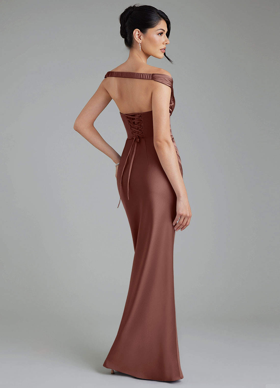 Stella Sheath V-Neck Stretch Satin Bridesmaid Dress in Espresso