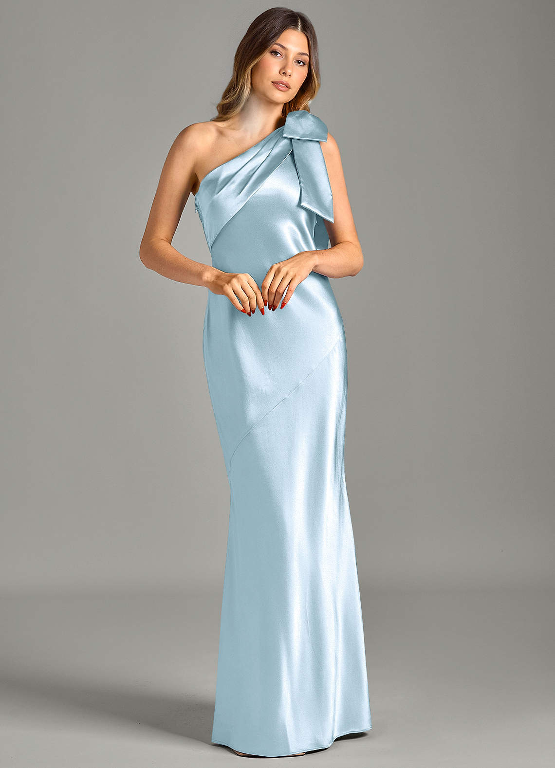 Yuanna Mermaid One-Shoulder Metallic Satin Bridesmaid Dress in Sky Blue
