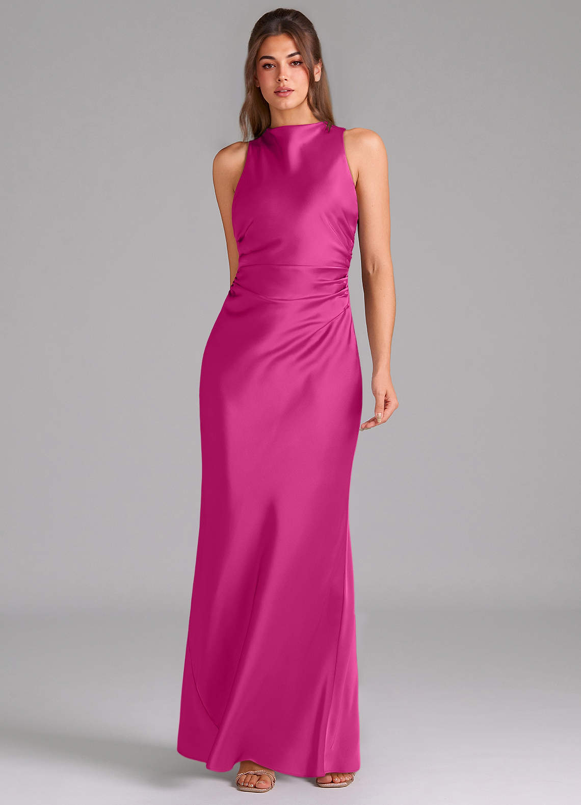 Evadne Sheath Scoop-Neck Stretch Satin Bridesmaid Dress in Fuchsia
