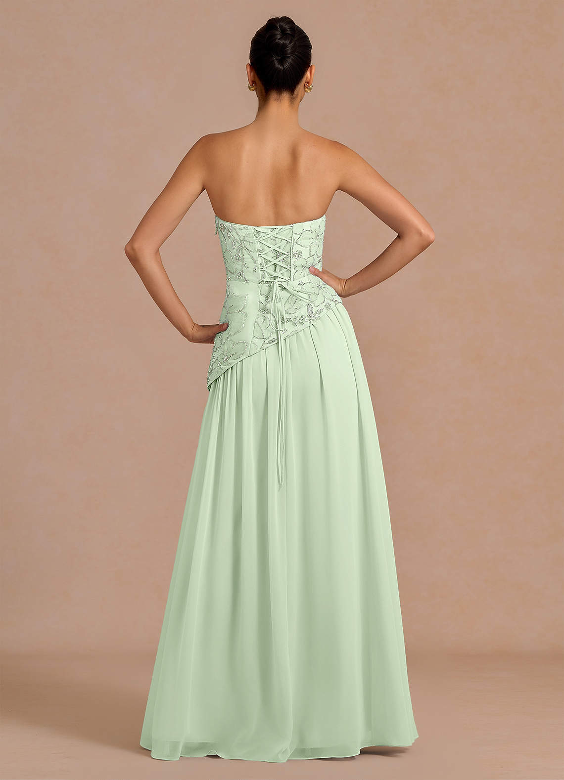 Galatea Sky Blue A-Line Floral Chiffon Evening Dress in Light Green