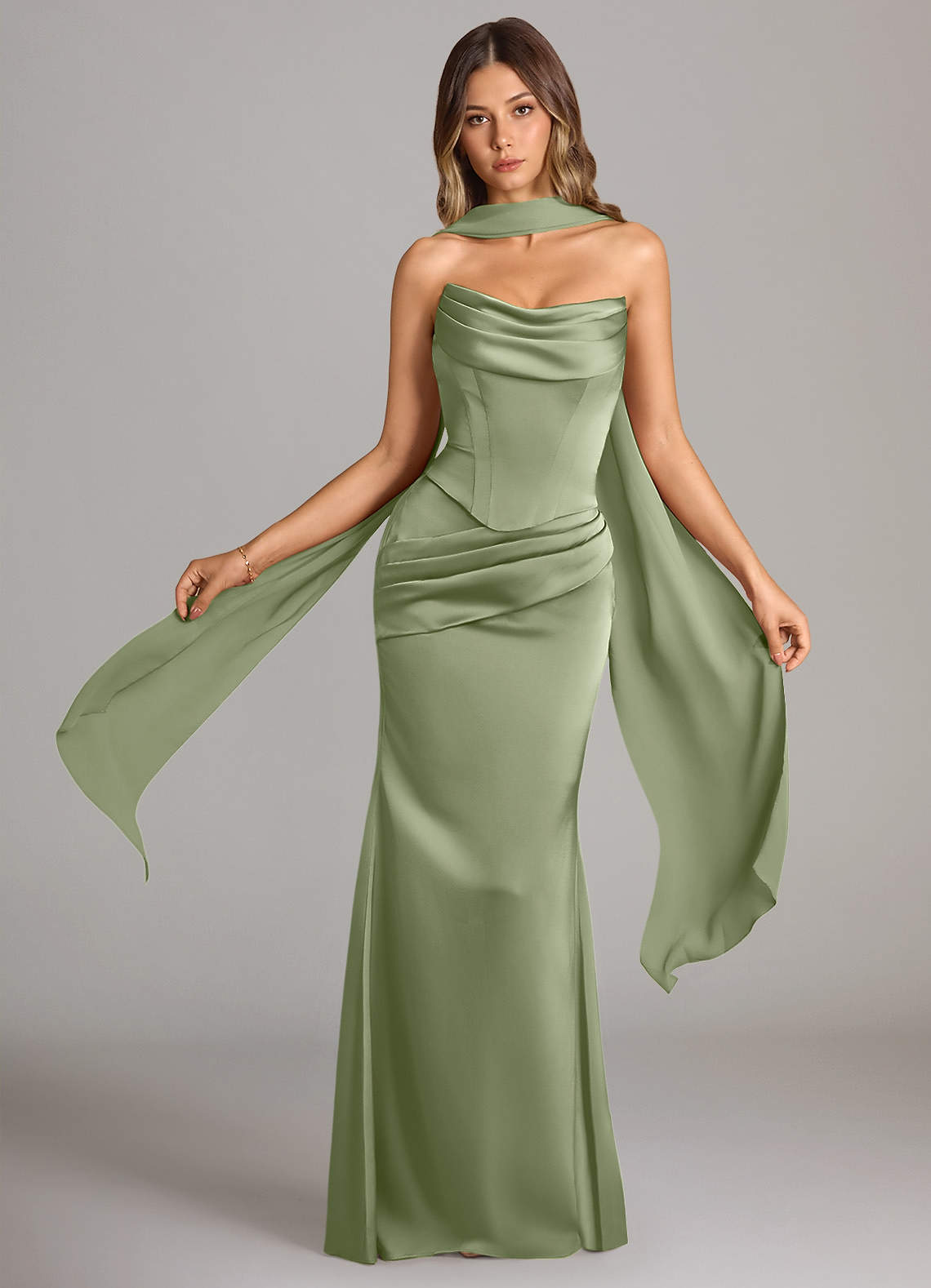 Sorrel Mermaid Cowl-Neck Stretch Satin and Chiffon Bridesmaid Dress in Pistachio