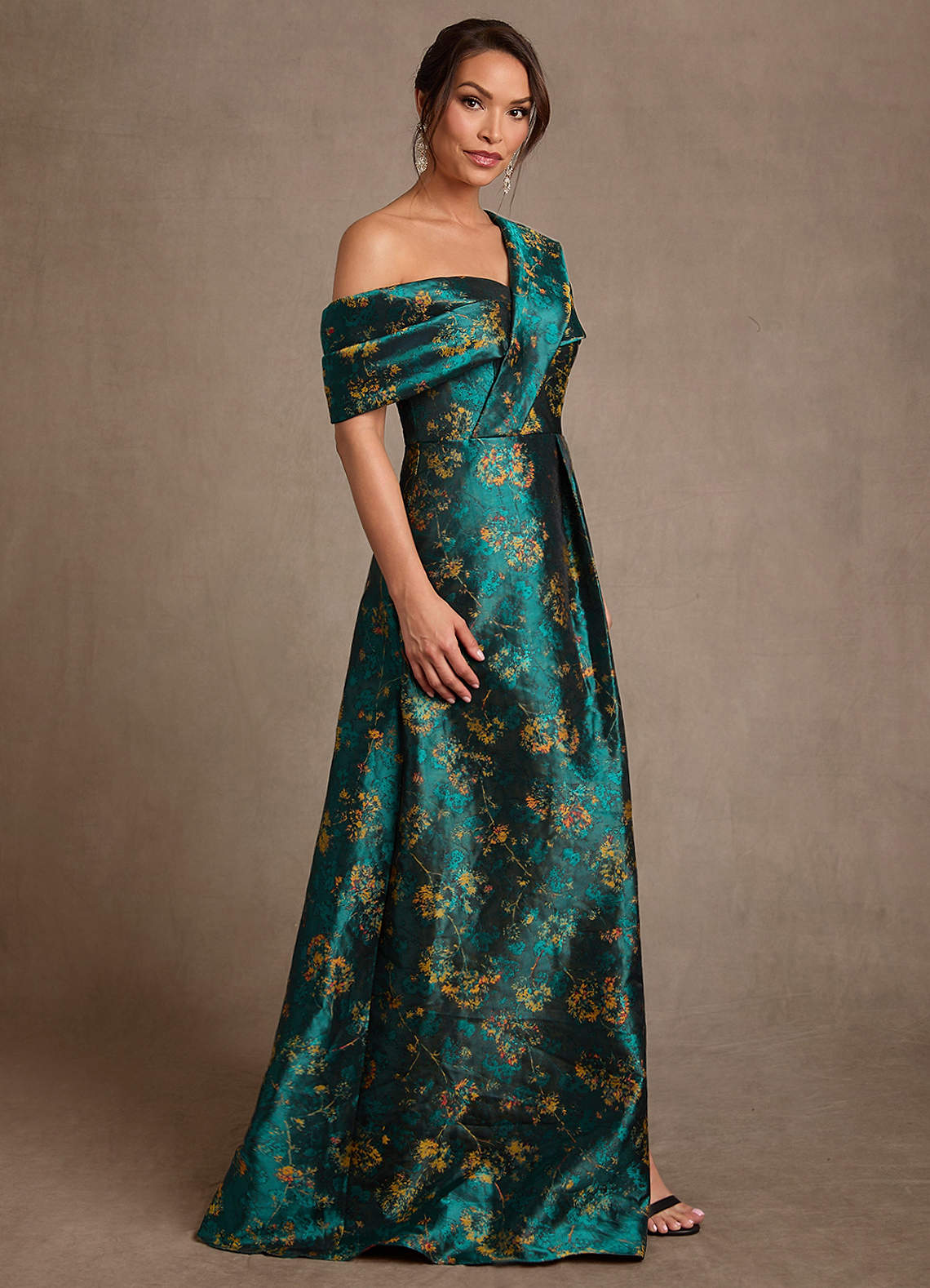 Nonie A-Line Off-the-Shoulder Jacquard Mother of the Bride Dress in Deep Green