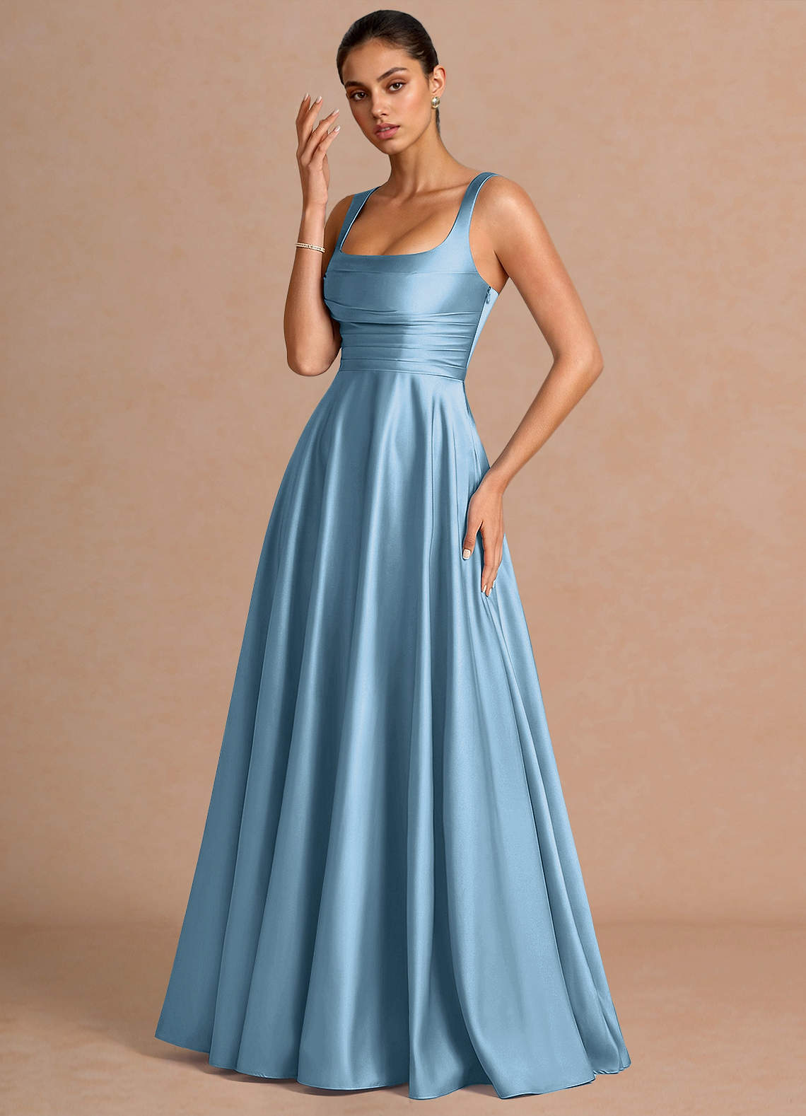 Azaria A-Line Square-Neck Stretch Satin Wedding Guest Dress in Steel Blue