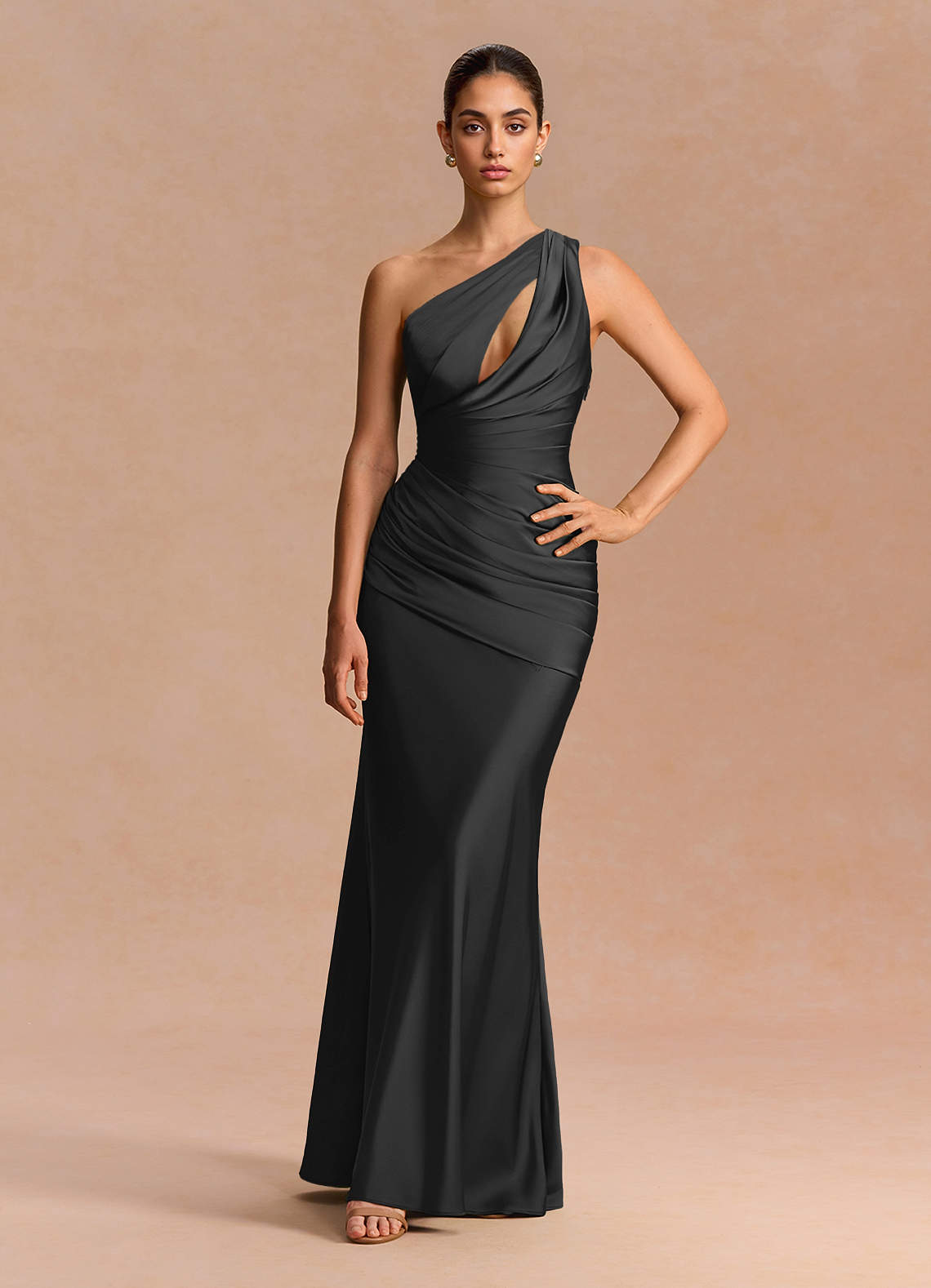 Guinevere One-Shoulder Cutout Stretch Satin Evening Dress in black