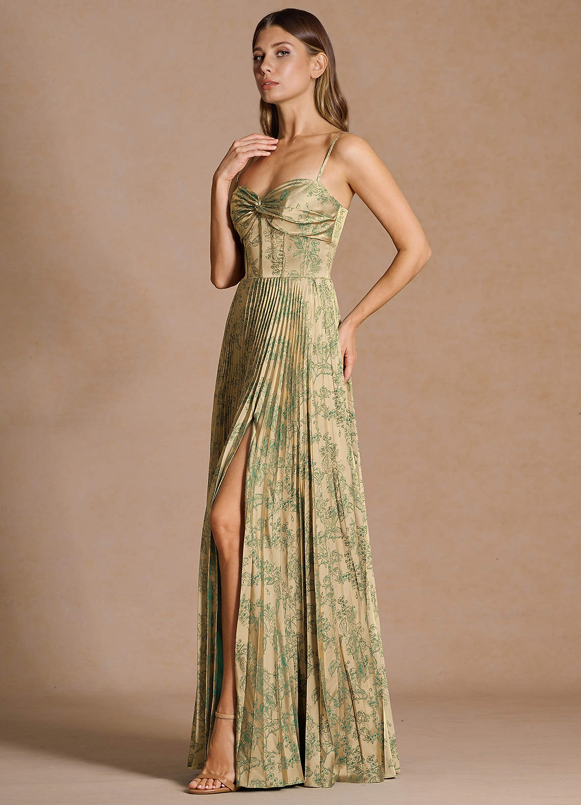 Vesper Pleated Knot-Neck Jacquard Wedding Guest Dress in Green Brown