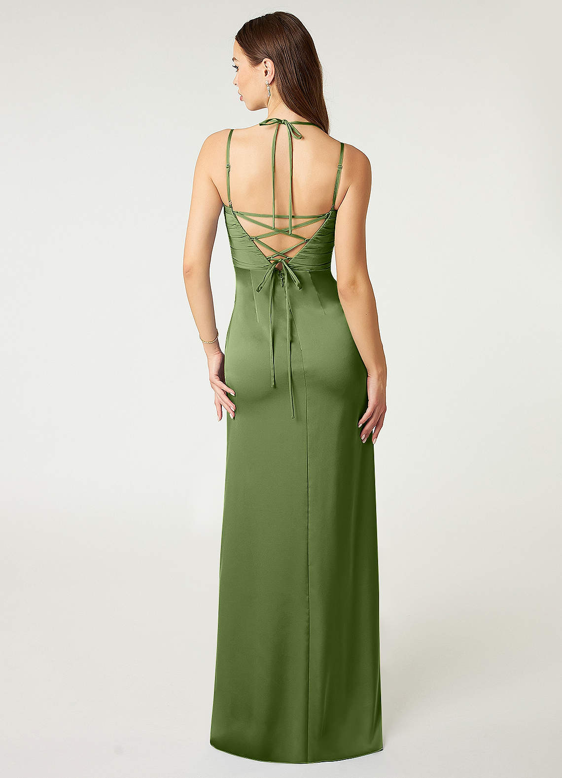 Desi Sheath Halter Stretch Satin Bridesmaid Dress in Juniper