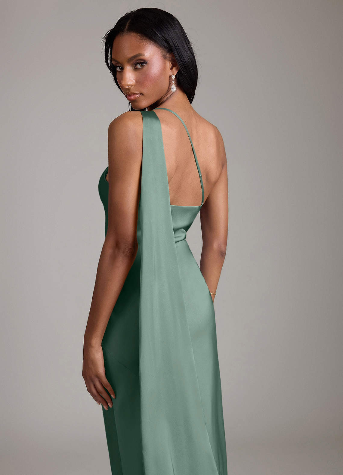 Juniper Mermaid One-Shoulder Stretch Satin Bridesmaid Dress in Eucalyptus