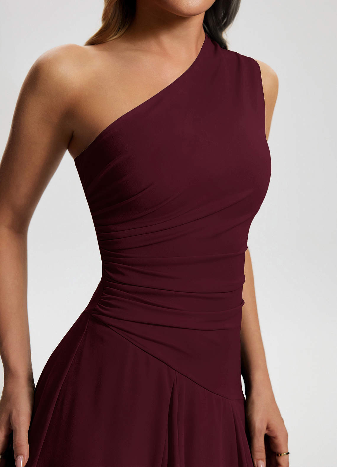 Sylvaine A-Line One-Shoulder Chiffon Wedding Guest Dress in Wine