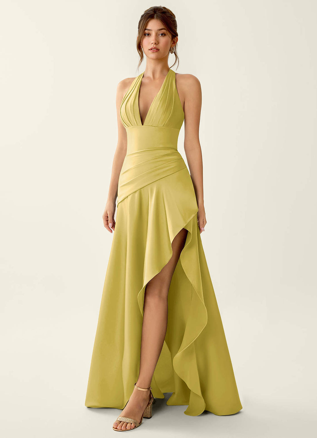 Titania Halter Asymmetric-Ruffle Satin Evening Dress in Pastel Yellow