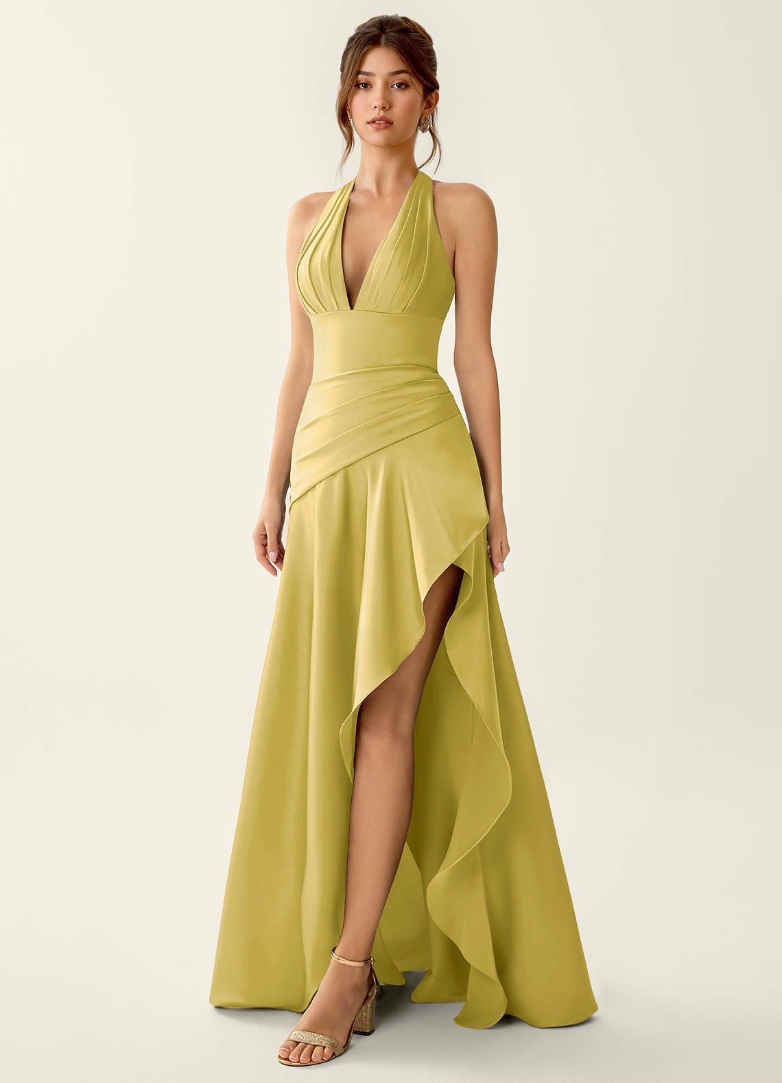 Titania Halter Asymmetric-Ruffle Satin Evening Dress in Pastel Yellow