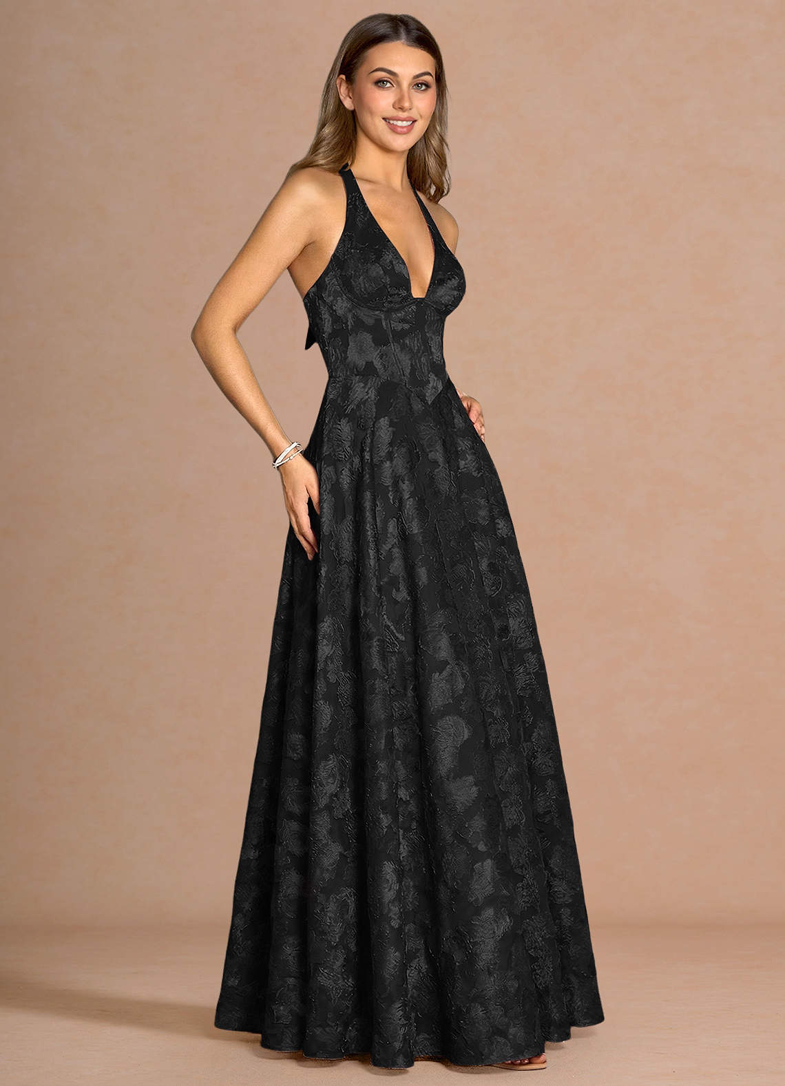 Isabeau A-Line V-Neck Fil Coupé Evening Dress in Black