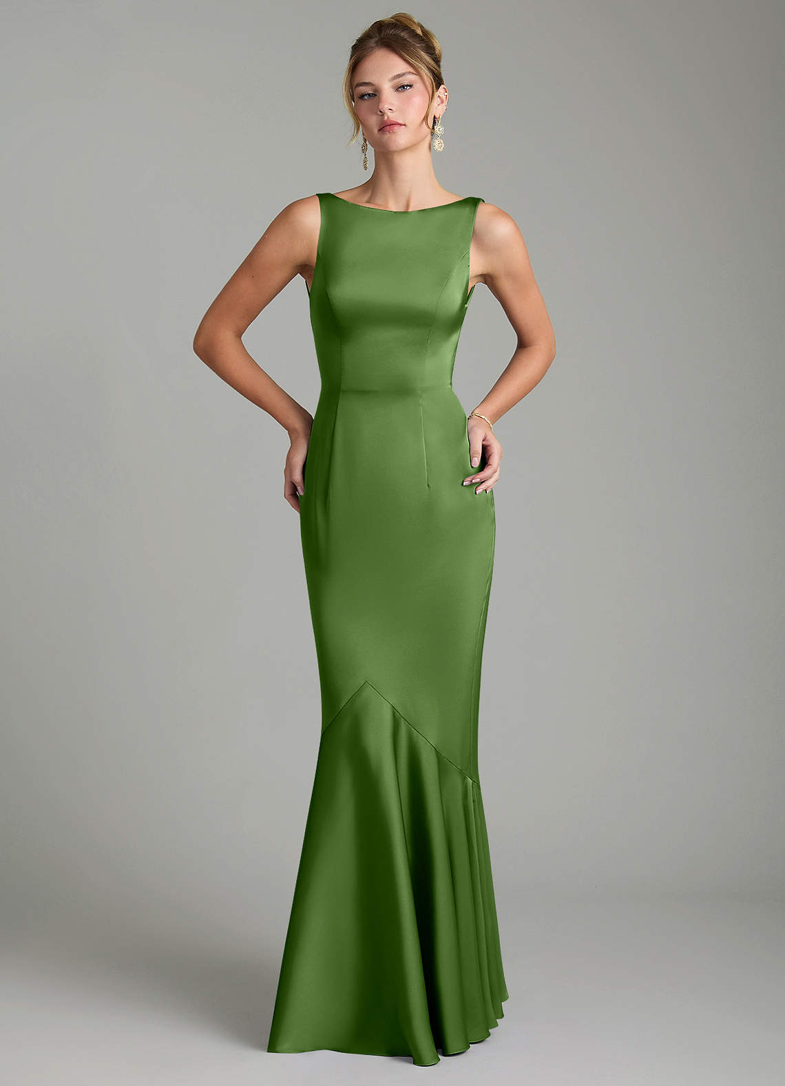 Tamera Mermaid Boat-Neck Stretch Satin and Chiffon Bridesmaid Dress in Basil