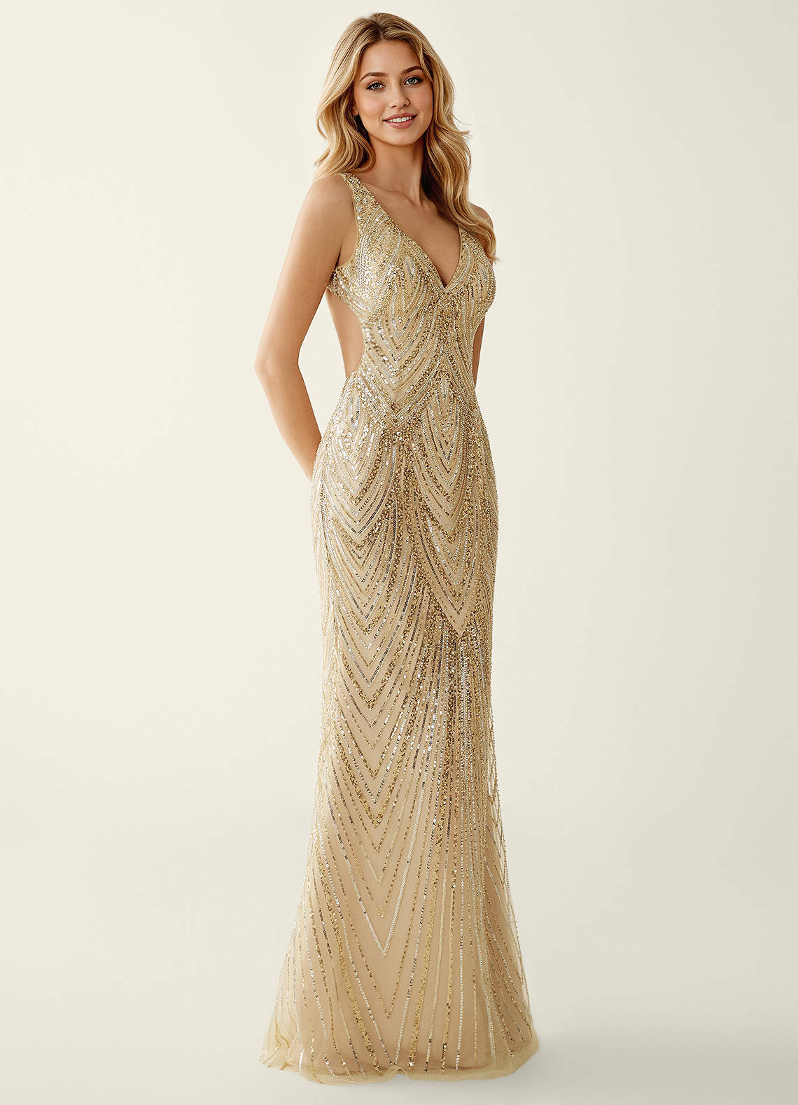 Hazelen Plunging V-Neck Chevron Sequin Tulle Evening Dress in Solid Navy