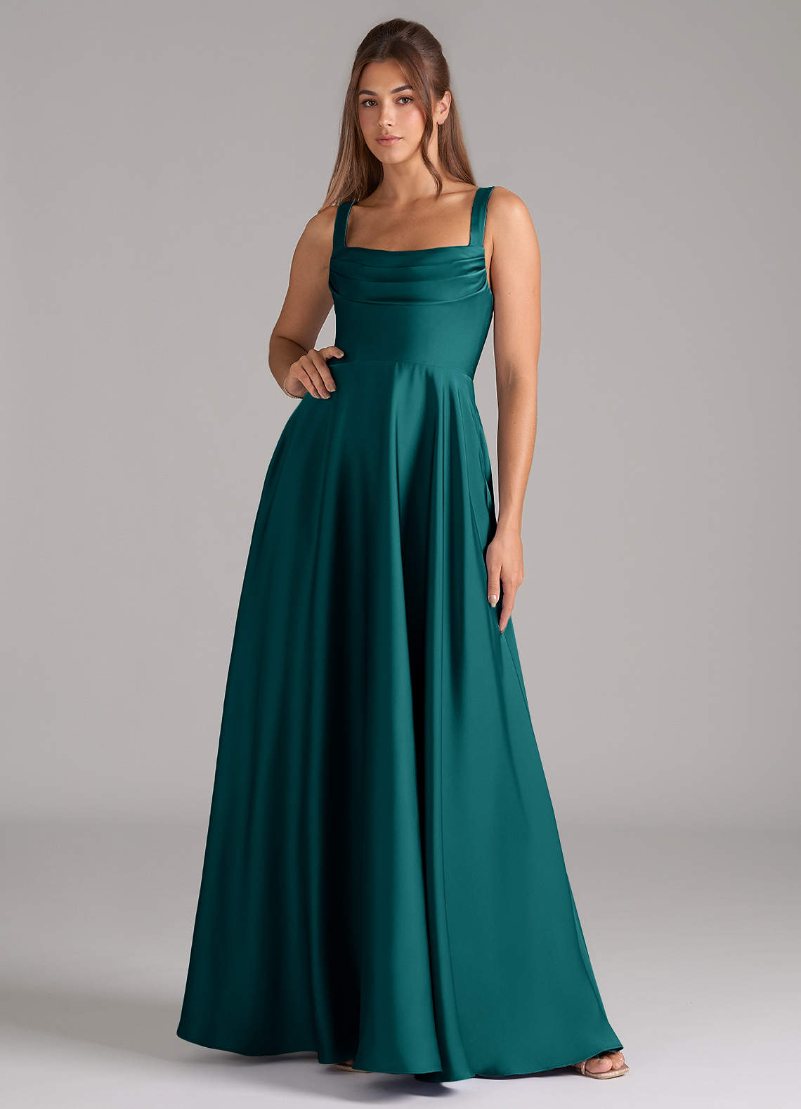 Shaude A-Line Square-Neck Stretch Satin Bridesmaid Dress in Peacock