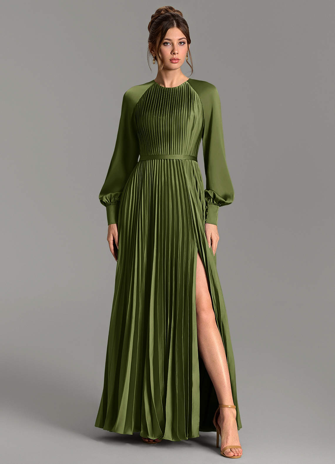 Grayson A-Line Scoop-Neck Stretch Satin Bridesmaid Dress in Olive