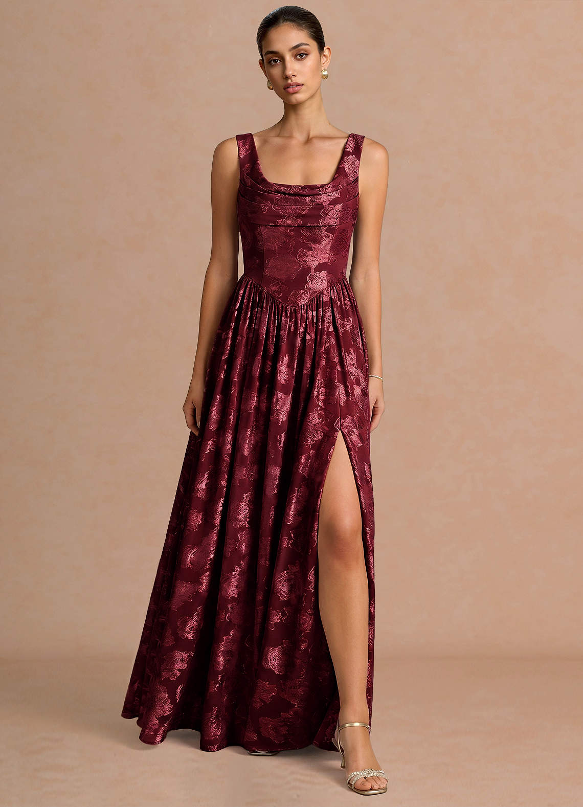 Novi A-Line Draped-Neck Floral Fil Coupé Evening Dress in Wine
