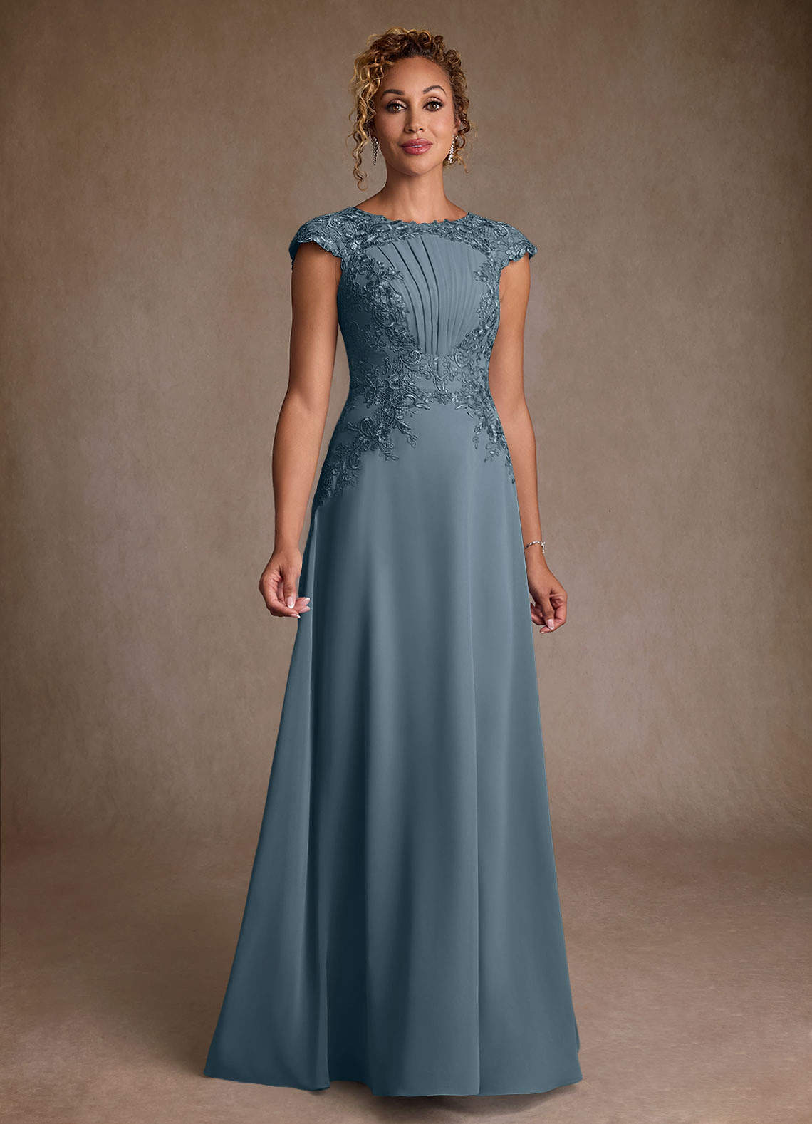 Christi A-Line Scoop-Neck Chiffon and Lace Mother of the Bride Dress in Twilight