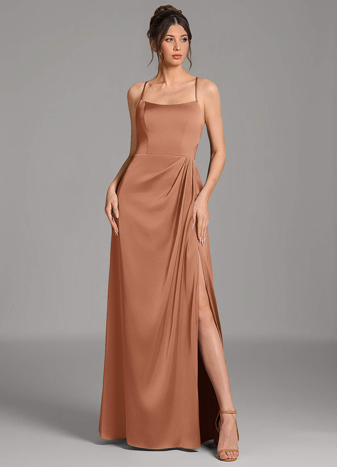 Frankie A-Line Scoop-Neck Stretch Satin Bridesmaid Dress in Bronzer