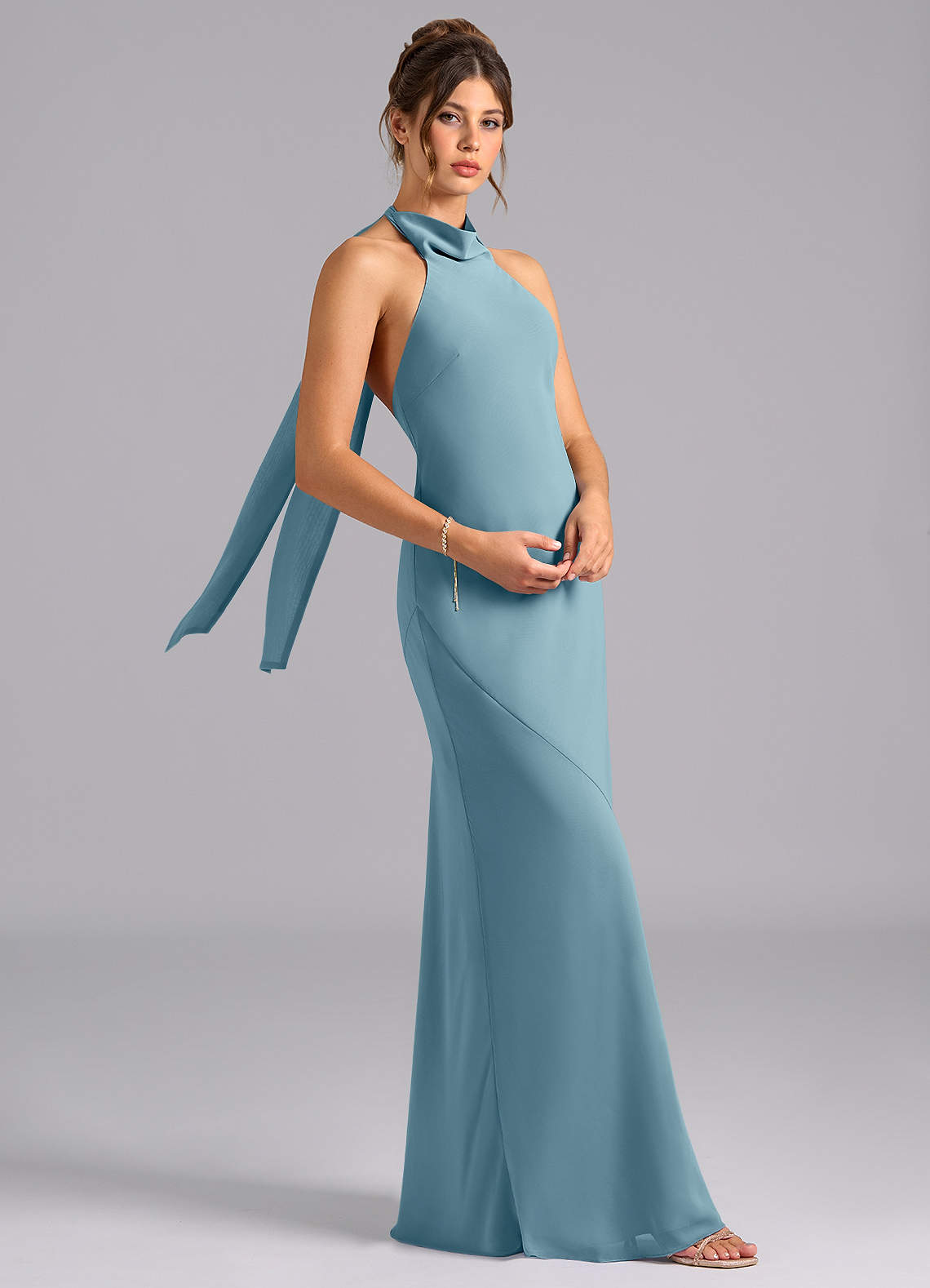 Velli Mermaid Halter Chiffon Bridesmaid Dress in Moody Blue