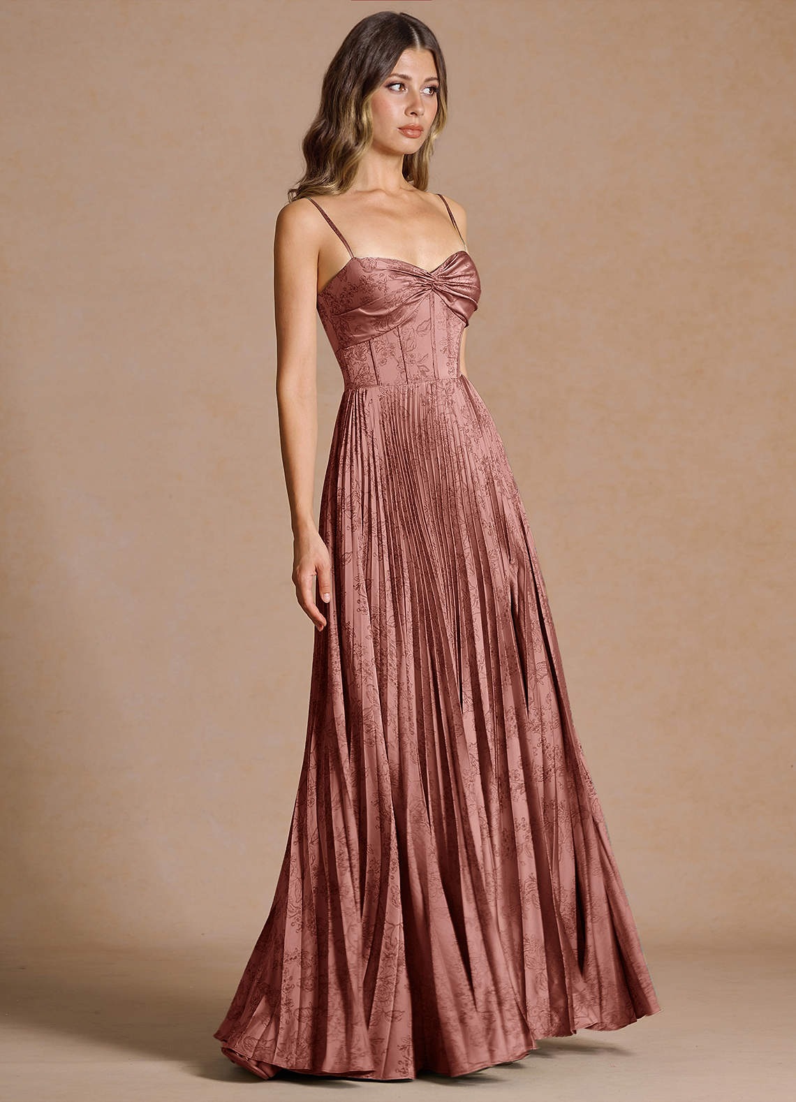 Vesper Pleated Knot-Neck Jacquard Wedding Guest Dress in Vintage Rose