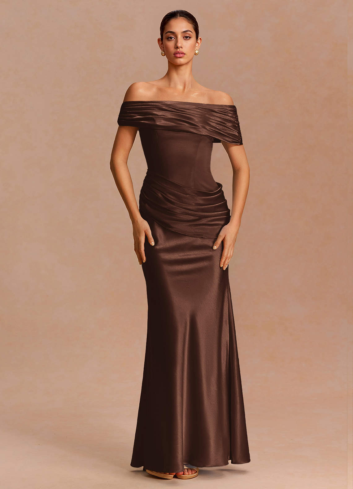 Leonie Strapless Draped-Shoulder Satin Evening Dress in ganache