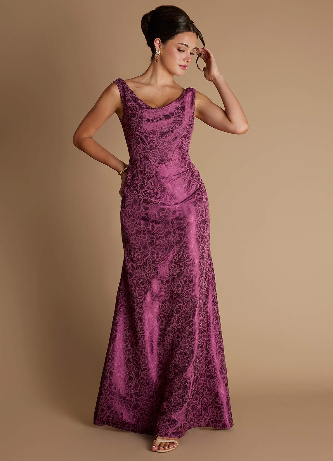 Kiana Mermaid Scoop-Neck Jacquard Wedding Guest Dress in Plum Purple