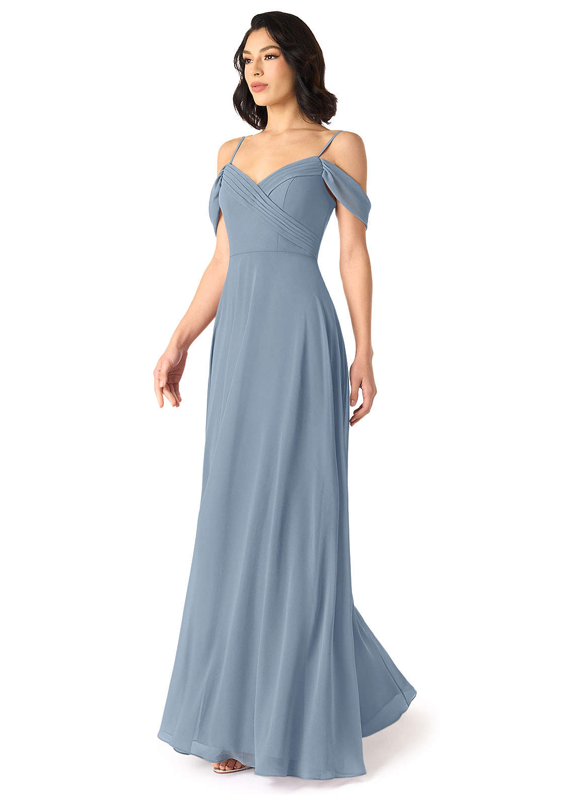Tancie A-Line Off-the-Shoulder Chiffon Bridesmaid Dress in dusty blue