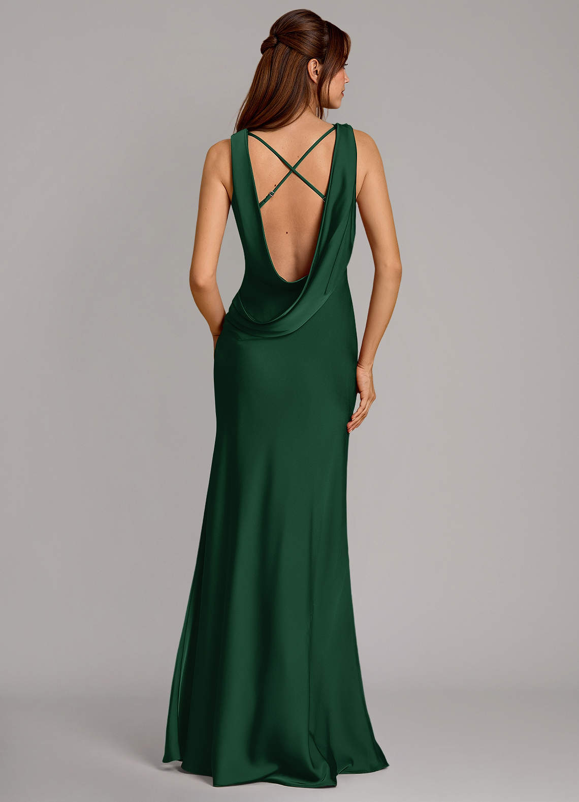 Cheryl Mermaid Cowl-Neck Stretch Satin Bridesmaid Dress in Dark Green