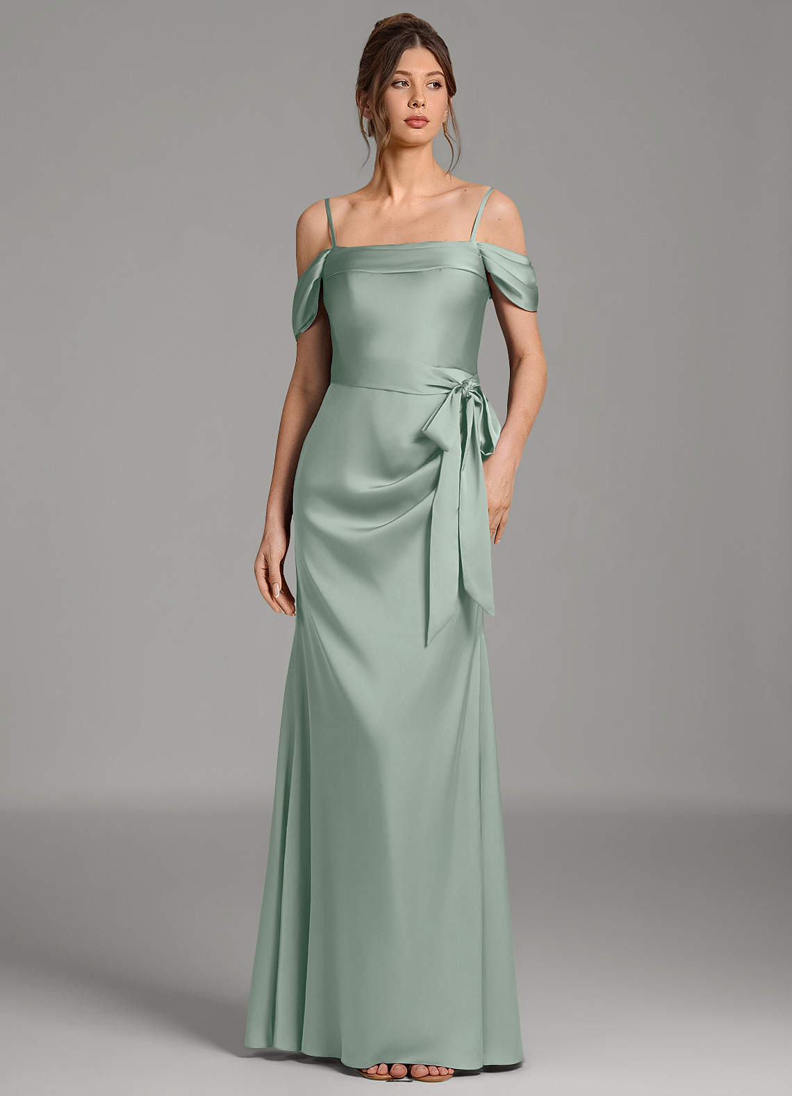 Wyatt Mermaid Off-the-Shoulder Stretch Satin Bridesmaid Dress in Agave