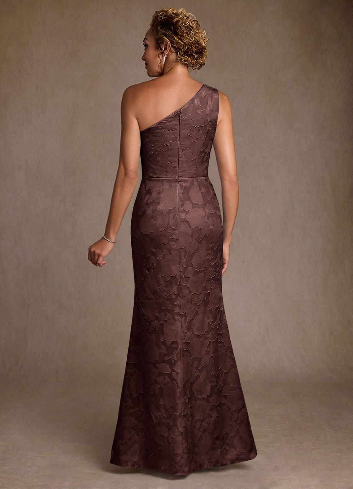 Joylin Trumpet One-Shoulder Floral Burnout Mother of the Bride Dress in Espresso